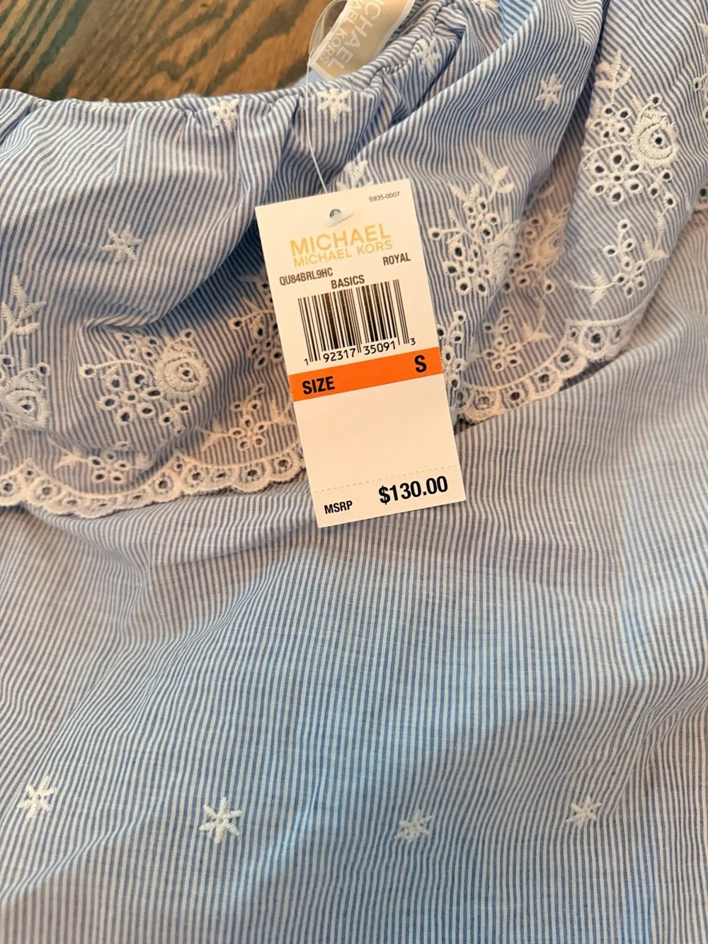 S - Michael Kors Light Blue & White Embroidered Off Shoulder Top NWT